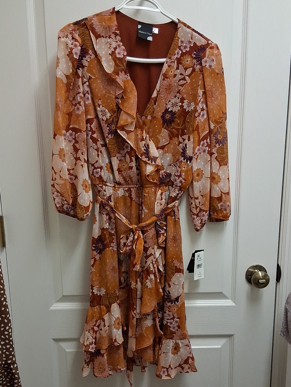 Maison Tara Rust and Cream Floral Ruffle Midi Faux Wrap Dress